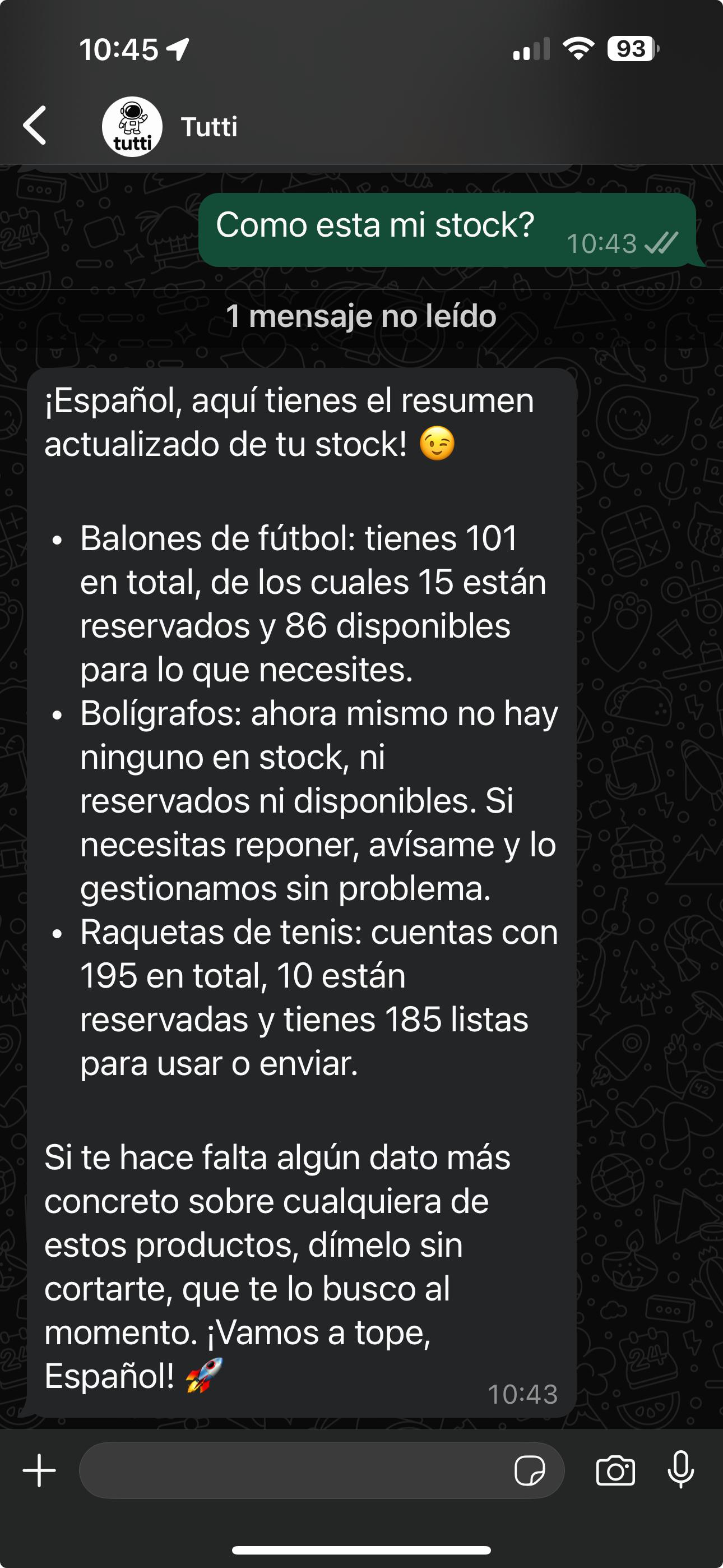 Ejemplo de stock en WhatsApp